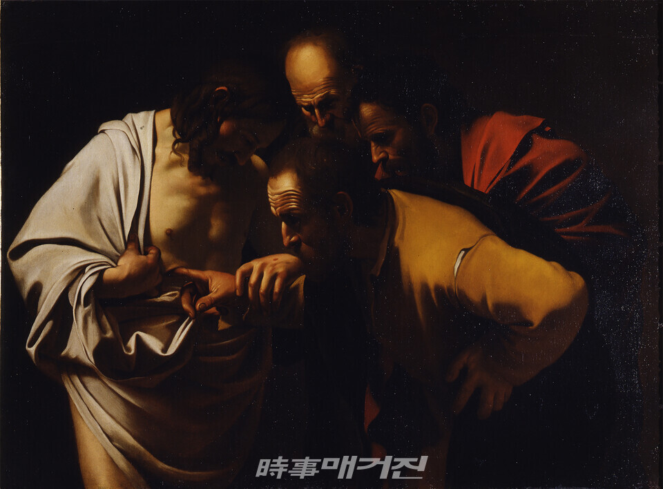 카라바조-성 토마스의 의심,The Incredulity of Saint Thomas, 1601-1602,캔버스에 유채, 106x146cm, 우피치미술관(사진_예술의전당)