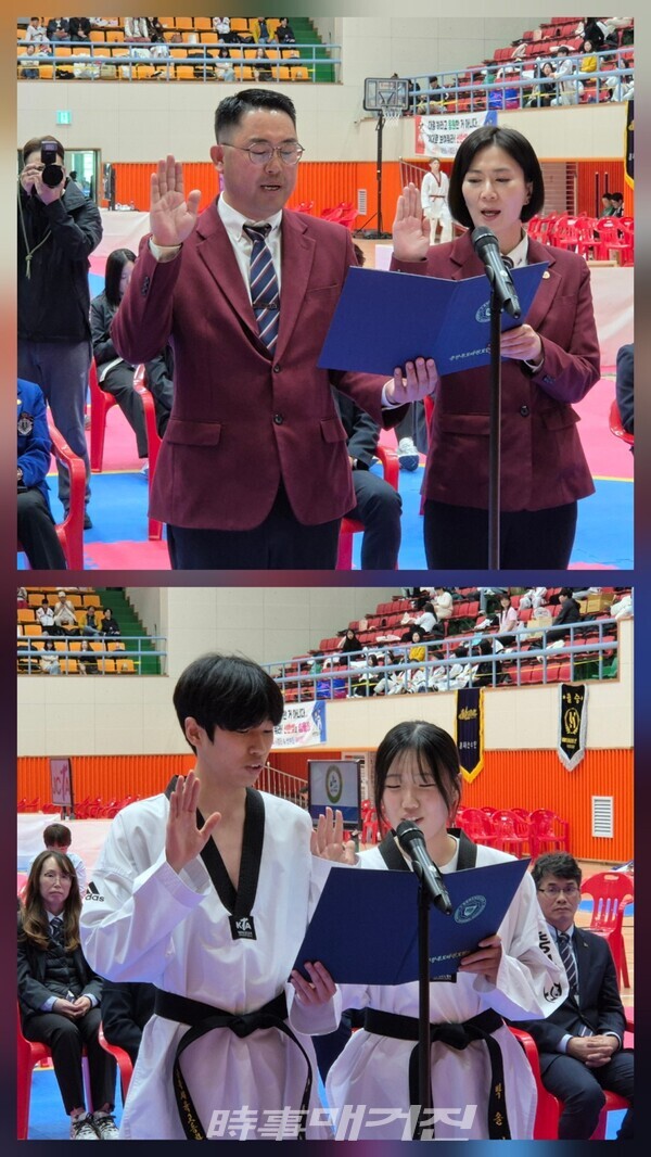 사진 위 심판선서를 하는 임만수, 이소미 심팡원 사진 아래 선수대표 선서를 하는 이혜성, 박솔인 선수 (사진_이성만 기자)